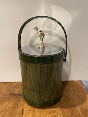 Green Woodgrain Ice Bucket with Silver Figurine Lid
